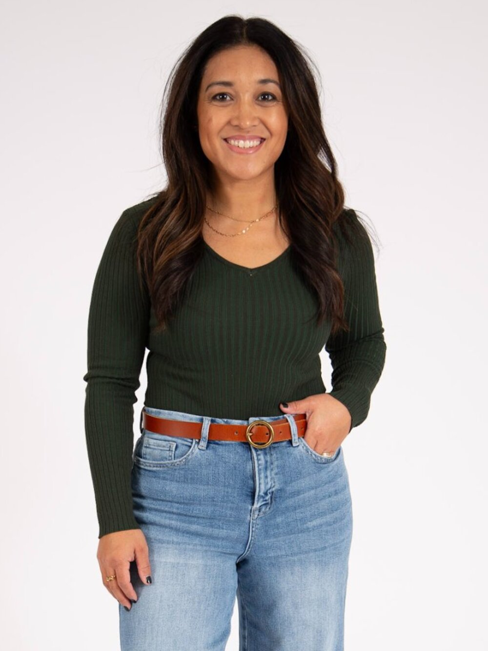 Ribbed V-neck Long Sleeve Bodysuit | Evergreen